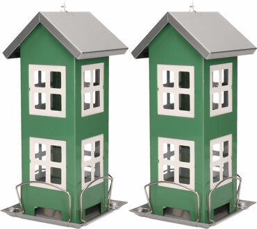 Pro Garden 2x Stuks vogel voeder huisje voor vogelzaad groen metaal 27 cm - Vogelvoederhuisjes
