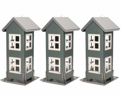 Pro Garden 3x Stuks vogel voeder huisje voor vogelzaad grijs metaal 27 cm