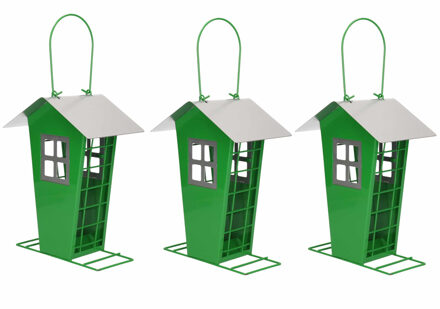 Pro Garden 3x Tuinvogels hangende voeder silo/voederhuisje groen - 14 x 13 x 19 cm - Winter vogelvoer huisjes voor vetbollen of pindas