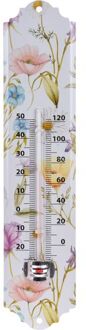 Pro Garden Binnen/buiten thermometer metaal met lentebloemen print 29 x 6.5 cm - Buitenthermometers Multikleur