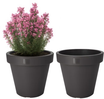 Pro Garden Bloempot - 2x - antraciet - rond - D25 cm - kunststof - plantenpot - tuin buiten