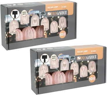 Pro Garden Feestverlichting lichtsnoer - 2x - roze - 10 LED lampen - warm wit - 270 cm - Solar