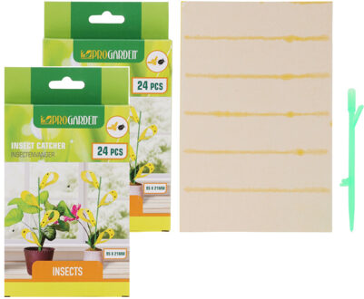 Pro Garden Fruitvliegjes val fruit hangende plaatjes - 48x stickers - insecten/vliegen bestrijding
