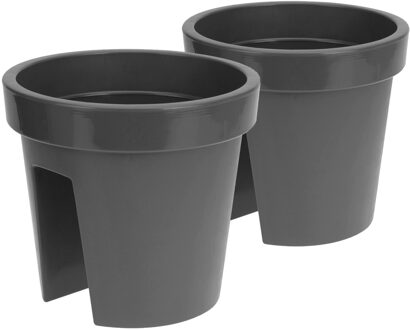 Pro Garden Kunststof balkon plantenpot/bloempot - Set van 2x stuks - antraciet - 28 x 25 cm - Reling
