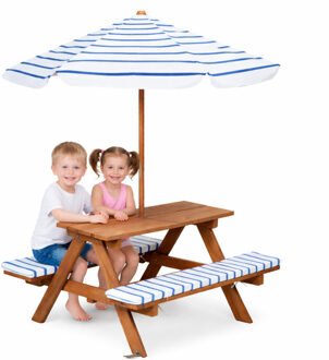 Pro Garden Picknicktafel voor kinderen - blauw/wit - 75 x 75 cm - hout/polyester - incl parasol - tuinset
