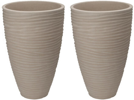 Pro Garden Plantenpot/bloempot Dunes - 2x - Tuin - stevig kunststof - zand/beige - D40 x H60 cm