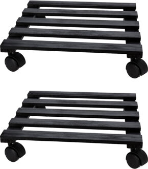Pro Garden Plantentrolley - 2x - hout - zwart - vierkant - 28 x 28 cm - 100 kilo