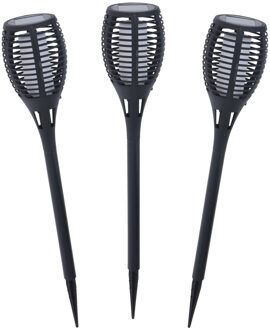Pro Garden Set van 3x stuks pro garden solar fakkels/toorts - zwart - met vlam effect - zonne-energie - 49 cm