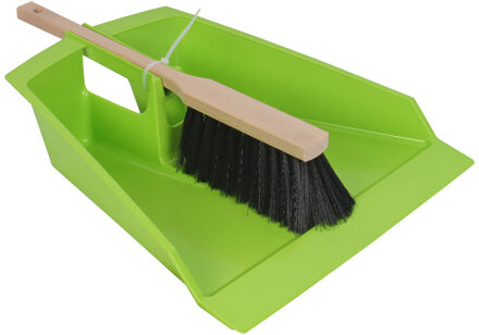 Pro Garden Stoffer en blik - XXL - limegroen - kunststof/hout - 43 cm - voor tuinafval