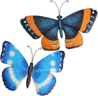 Pro Garden Tuin/wand decoratie muurvlinders - set 2x - metaal - blauw - 31 x 23 cm
