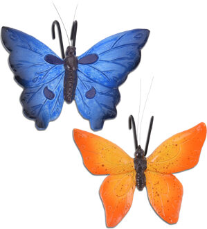 Pro Garden Tuindecoratie bloempothangers vlinder - set 2x - blauw/oranje - kunststeen - 13 x 10 cm