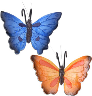Pro Garden Tuindecoratie bloempothangers vlinder - set 2x - blauw/oranjerood - kunststeen - 13 x 10 cm