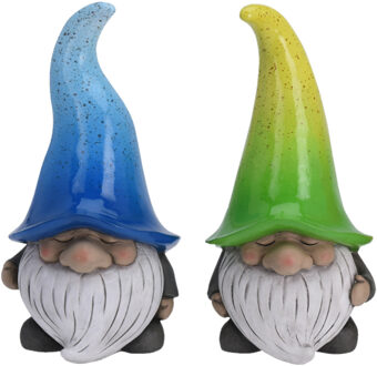 Pro Garden Tuinkabouters beeldjes - set 2x - Grumpy - Polystone - blauw en groen - 32 cm
