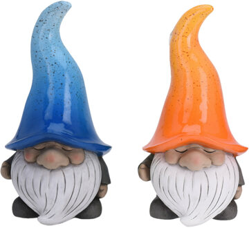 Pro Garden Tuinkabouters beeldjes - set 2x - Grumpy - Polystone - blauw en oranje - 32 cm
