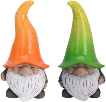 Pro Garden Tuinkabouters beeldjes - set 2x - Grumpy - Polystone - oranje en groen - 32 cm