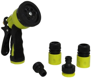 Pro Garden Tuinsproeier set 4-delig - broeskop/sproeipistool met aansluitstukken - 16 cm - groen