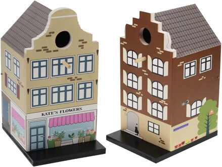 Pro Garden Vogelhuisjes - set 2x - grachtenpand design - hout - beige/bruin - 15 x 12 x 23 cm- nestkastje