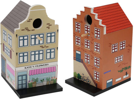 Pro Garden Vogelhuisjes - set 2x - grachtenpand design - hout - beige/bruin - 15 x 12 x 23 cm- nestkastje