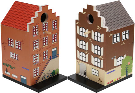 Pro Garden Vogelhuisjes - set 2x - grachtenpand design - hout - rood/bruin - 15 x 12 x 23 cm- nestkastje