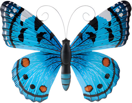 Pro Garden Wanddecoratie vlinder - blauw - 34 x 28 cm - metaal - muurdecoratie / schutting / tuin