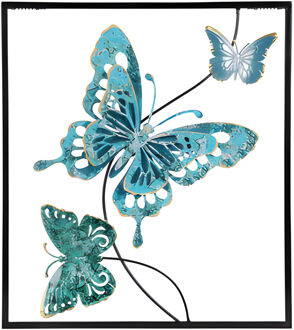 Pro Garden Wanddecoratie vlinder - blauw - 43 x 38 cm - metaal - metalen frame met vlinders