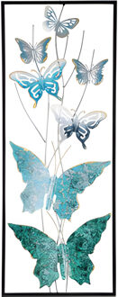 Pro Garden Wanddecoratie vlinder - blauw - 75 x 30 cm - metalen frame met vlinders