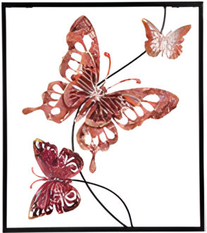Pro Garden Wanddecoratie vlinder - roze - 43 x 38 cm - metaal - metalen frame met vlinders