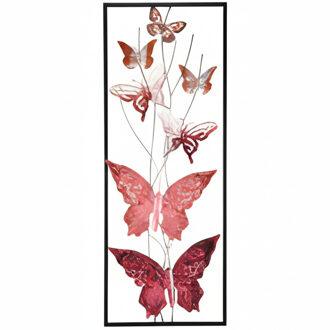 Pro Garden Wanddecoratie vlinder - roze - 75 x 30 cm - metalen frame met vlinders