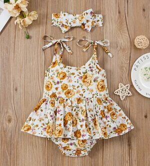 Producten Mode Baby Meisjes Zomer Outfits Zoete Zelf Tie Strap Mouwloze Bloemen Tutu Romper Met Hoofdband Set 80