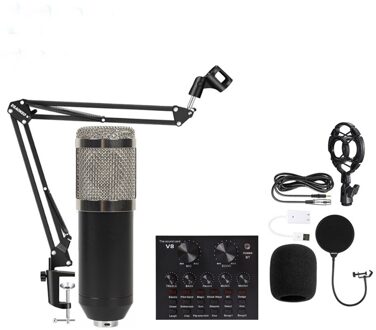 Professionele BM800 Condensator Microfoon Kit Voor Pc Microfoon Studio Voor Computer Karaoke Geluidskaart Opname Microfoon V8 zilver reeks
