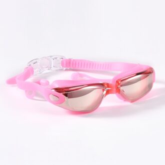 Professionele Zwembril Zwemmen Bril Met Oordopjes Neusklem Galvaniseren Waterdicht Silicone Eye Shield Goggles Opp roze