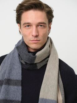 Profuomo Sjaal Wol Colourblock Blauw Grijs Beige