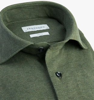 Profuomo Slim Fit jersey overhemd - army groen melange knitted shirt - Strijkvrij - Boordmaat: 38