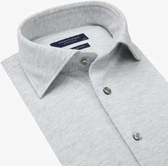 Profuomo Slim Fit jersey overhemd - grijs melange knitted shirt - Strijkvrij - Boordmaat: 37