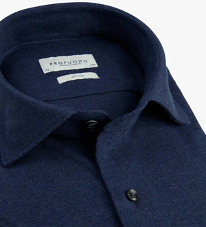 Profuomo Slim Fit jersey overhemd - navy melange knitted shirt - Strijkvrij - Boordmaat: 39