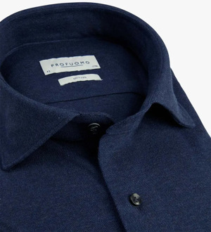 Profuomo Slim Fit jersey overhemd - navy melange knitted shirt - Strijkvrij - Boordmaat: 41