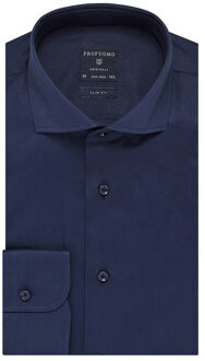 Profuomo Slim Fit overhemd - navy blauw fine twill - Strijkvrij - Boordmaat: 37