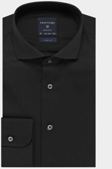 Profuomo Slim Fit overhemd - zwart fine twill - Strijkvrij - Boordmaat: 37