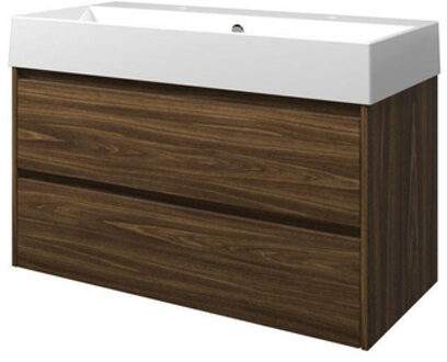 Proline Loft badkamermeubelset - 100x46x62cm - porselein Loft wastafel - 2 kraangaten - symmetrisch - MFC Cabana oak/Glans wit 1815463 Cabana Oak/Wit glans