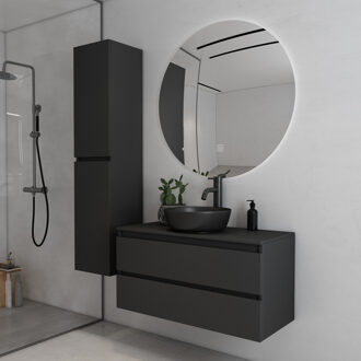 Proma badkamermeubel 100cm met zwarte waskom en LED spiegel zwart mat
