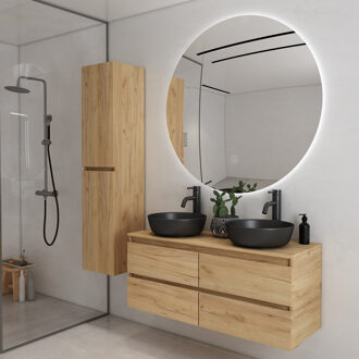 Proma badkamermeubel 120cm met zwarte waskommen en LED spiegel warm eiken