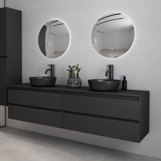 Proma badkamermeubel 200cm met zwarte waskommen en LED spiegels zwart mat