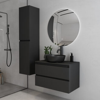 Proma badkamermeubel 80cm met zwarte waskom en LED spiegel zwart mat