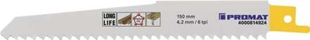 Promat/Tecwerk Reciprozaagblad | lengte 150 mm breedte 19 mm | tandverdeling TPI 6 4,2 mm | gefreesd, getordeerd | 5 stuks / kaart - 4000814924