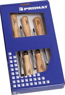 Promat/Tecwerk Schroevendraaierset | 5-delig sleuf / PH | houten greep | ronde kling met 6-kant aanzet - 4000827116