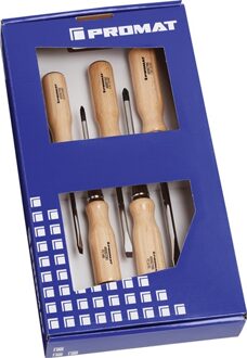 Promat/Tecwerk Schroevendraaierset | 5-delig sleuf / PZD | houten greep | ronde kling met 6-kant aanzet - 4000827117