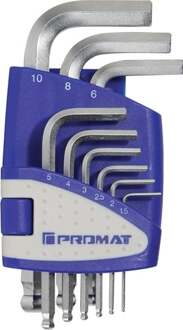 Promat/Tecwerk Set haakse zeskantschroevendraaier | 9-delig kunststof houder | SW 1,5-10 mm | kort kogelkop S2-staal - 4000825123