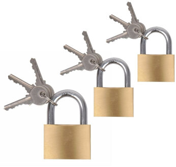ProPlus Hangsloten / koffersloten set - 3x stuks - maat 30/40/50 mm - messing - incl 3 sleutels per slot