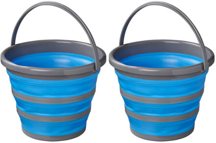 ProPlus Opvouwbare/inklapbare emmer blauw/grijs - 2x stuks - 10 liter - Vis emmers - Camping emmer - Strand