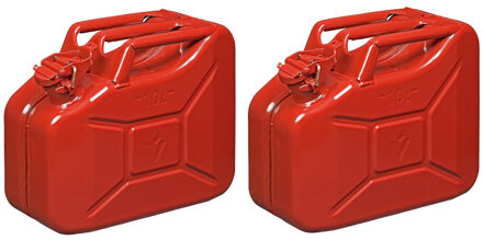 ProPlus Set van 2x stuks metalen jerrycan 10 liter rood - geschikt voor brandstof - benzine / diesel